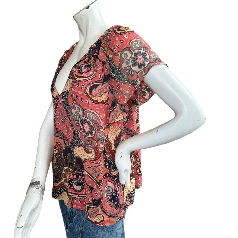 A.L.C. “June” Orange & Pink Paisley Floral 100% Silk Short Flutter Sleeve Top 10 - Picture 8 of 10